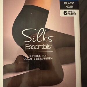 SILKS Essentials Black sheer Control Top Hosiery black 6 pairs new in a box